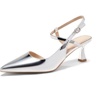 Women's Silver Low Kitten Heel Closed Pointed Toe Slingback Pumps Heels Slip On